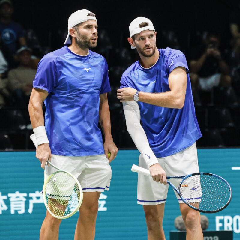 Italian double tennis team Simone Bolelli and Andrea Vavassori in action against Brasilian double tennis team Rafael Matos and Marcelo Melo during the match of Davis Cup Final Group Stage at Unipol Arena in Casalecchio (Bologna) Italy, 11 September 2024. ANSA /ELISABETTA BARACCHI