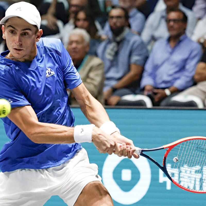 Italian tennis player Matteo Arnaldi in action against Brasilian player Thiago Monteiro during the match of Davis Cup Final Group Stage at Unipol Arena in Casalecchio (Bologna) Italy, 11 September 2024. ANSA /ELISABETTA BARACCHI