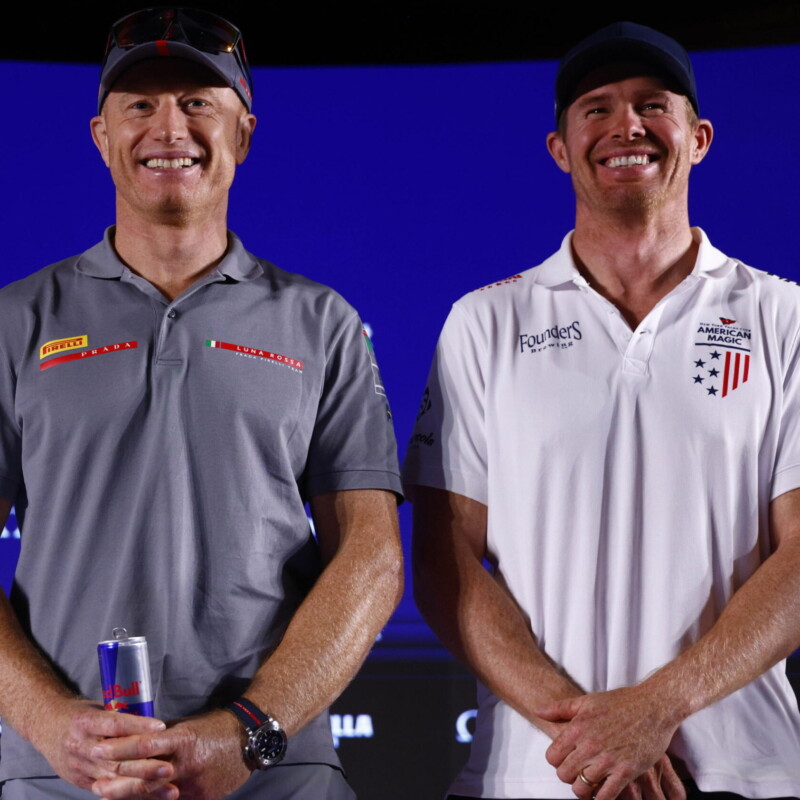 epa11601853 (From left) Skippers Jimmy Spithill of Luna Rossa Prada Pirelli and Tom Slingsby of NYYC American Magic Team pose for photographers after a press conference, Barcelona, Spain, 13 September 2024, before the semi finals of the Louis Vuitton Cup, the qualification round for the 37th America's Cup against defending champions Emirates Team New Zealand in October. Racing of the semi finals starts on 14 September. EPA/Quique Garcia