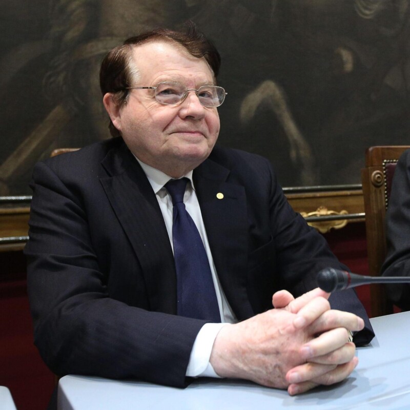 Il Presidente della Camera Gianfranco Fini (d) e il Premio Nobel per la Medicina, Luc Montagnier durante un incontro in occasione della Giornata mondiale per la lotta all'Aids, Roma, 30 novembre 2012. The president of the Chamber of Deputies Gianfranco Fini (R) and French virologist and winner of the Nobel Prize 2008 in Physiology or Medicine Luc Montagnier pictured during a press meeting about 'World Day to Fight Aids', in Rome, 30 november 2012. ANSA/ ALESANDRO DI MEO