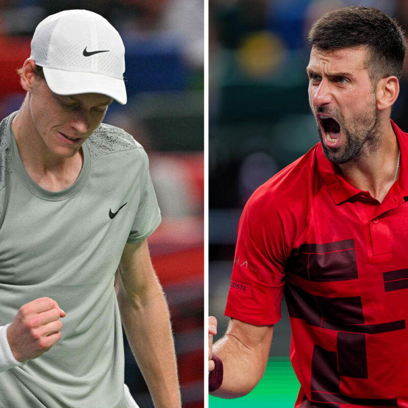 Sarà tra Jannik Sinner (S) e Novak Djokovic (D), ritratti in questa combo, la finale del Masters 1000 di Shanghai. In semifinale il serbo ha superato in due set, con il punteggio di 6-4 7-6 lo statunitense Taylor Fritz, 12 ottobre 2024. NPK ANSA / AFP