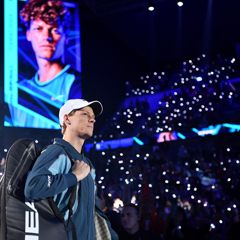 Jannik Sinner of Italy plays the match against Casper Ruud of Norway during the match of Nitto Atp Finals in Turin, Italy, 16 November 2024 .The ATP men's single world number 1 is preparing for the ATP Finals that will run from 10-17 November in Turin ANSA/ALESSANDRO DI MARCO