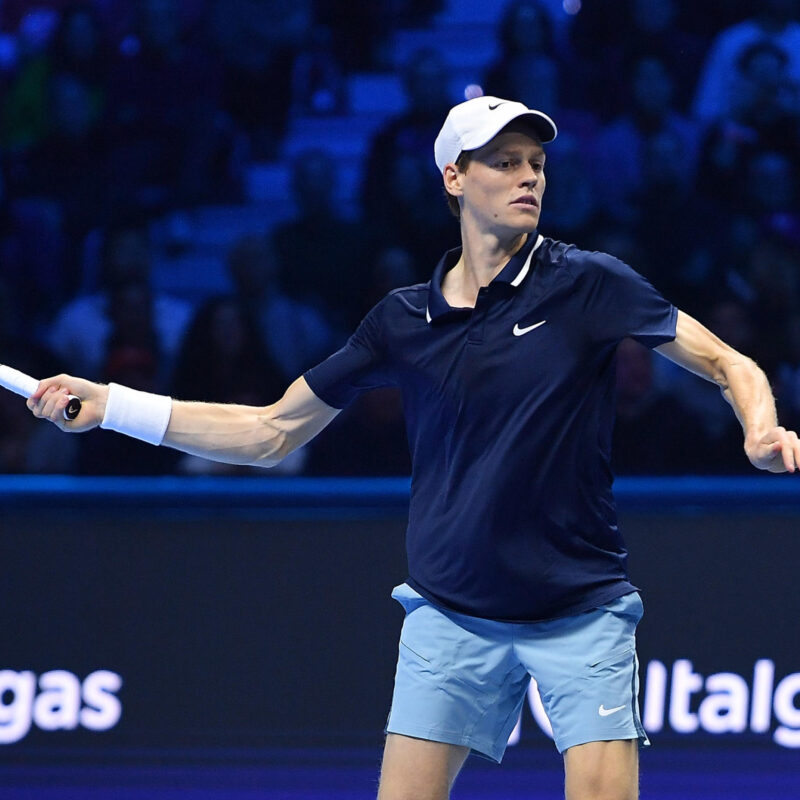 Jannik sinner of Italy plays the match against Taylor Fritz of USA during the final match men's single of Nitto Atp Finals in Turin, Italy, 17 November 2024 .The ATP men's double world number 1 is preparing for the ATP Finals that will run from 10-17 November in Turin ANSA/ALESSANDRO DI MARCO