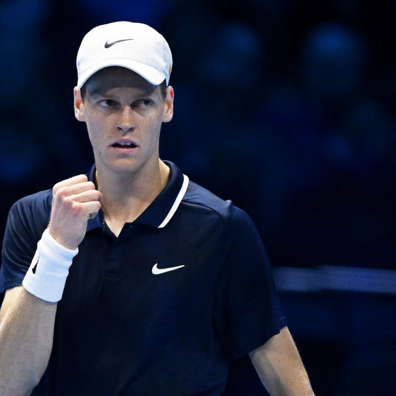 Jannik Sinner of Italy celebrates his victory against Daniil Medvedev of Russia during the match of Nitto Atp Finals in Turin, Italy, 14 november 2024 .The ATP men's singles world number 1 is preparing for the ATP Finals that will run from 10-17 November in Turin ANSA/ALESSANDRO DI MARCO