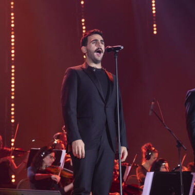 epa10910342 Gianluca Ginoble, Ignazio Boschetto and Piero Barone (L-R) of the Italian operatic pop trio Il Volo perform during their concert at the Budapest Arena, in Budapest, Hungary, 09 October 2023. EPA/Zsolt Szigetvary HUNGARY OUT