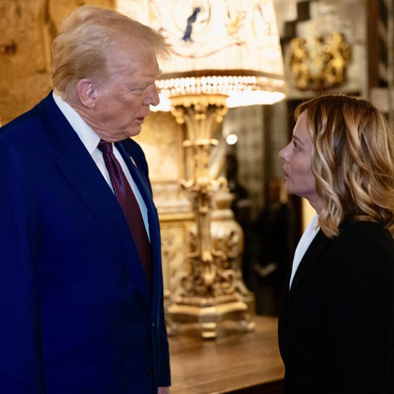 This handout picture released by the Chigi Palace Press Office on 05 January 2025 shows Italian Prime Minister Giorgia Meloni meeting with US President-elect Donald Trump at his residence at Mar-a-Lago in Palm Beach, Florida, on 04 January 2025.ANSA/ CHIGI PALACE PRESS OFFICE/ FILIPPO ATTILI+++ ANSA PROVIDES ACCESS TO THIS HANDOUT PHOTO TO BE USED SOLELY TO ILLUSTRATE NEWS REPORTING OR COMMENTARY ON THE FACTS OR EVENTS DEPICTED IN THIS IMAGE; NO ARCHIVING; NO LICENSING +++ NPK +++