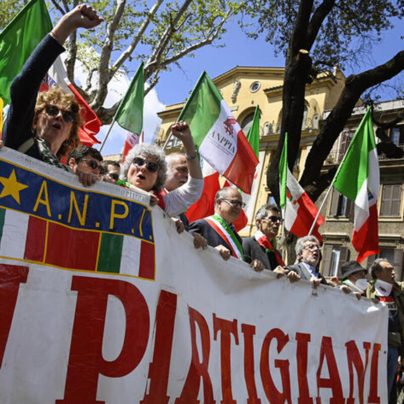 People take part in a rally, organized by the National Association of Italian Partisans (Anpi), marking the 78th anniversary of the Liberation Day (Festa della Liberazione), a nationwide public holiday in Italy that is annually celebrated on 25 April to remember Italian Partisans who fought against Nazists and Mussolini's troops during World War II and to honor those who served in the Italian Resistance, Rome, Italy, 25 April 2023. ANSA/RICCARDO ANTIMIANI