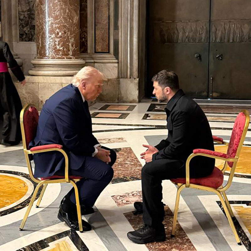 TOPSHOT - In this handout photograph taken and released by the Ukrainian Presidential Press Service in Kyiv on April 26, 2025, Ukraine's President Volodymyr Zelensky (R) meets with US President Donald Trump (L) on the sidelines of Pope Francis's funeral at St. Peter's Basilica at the Vatican. (Photo by Handout / UKRAINIAN PRESIDENTIAL PRESS SERVICE / AFP) / RESTRICTED TO EDITORIAL USE - MANDATORY CREDIT "AFP PHOTO / UKRAINIAN PRESIDENTIAL PRESS SERVICE" - NO MARKETING NO ADVERTISING CAMPAIGNS - DISTRIBUTED AS A SERVICE TO CLIENTS