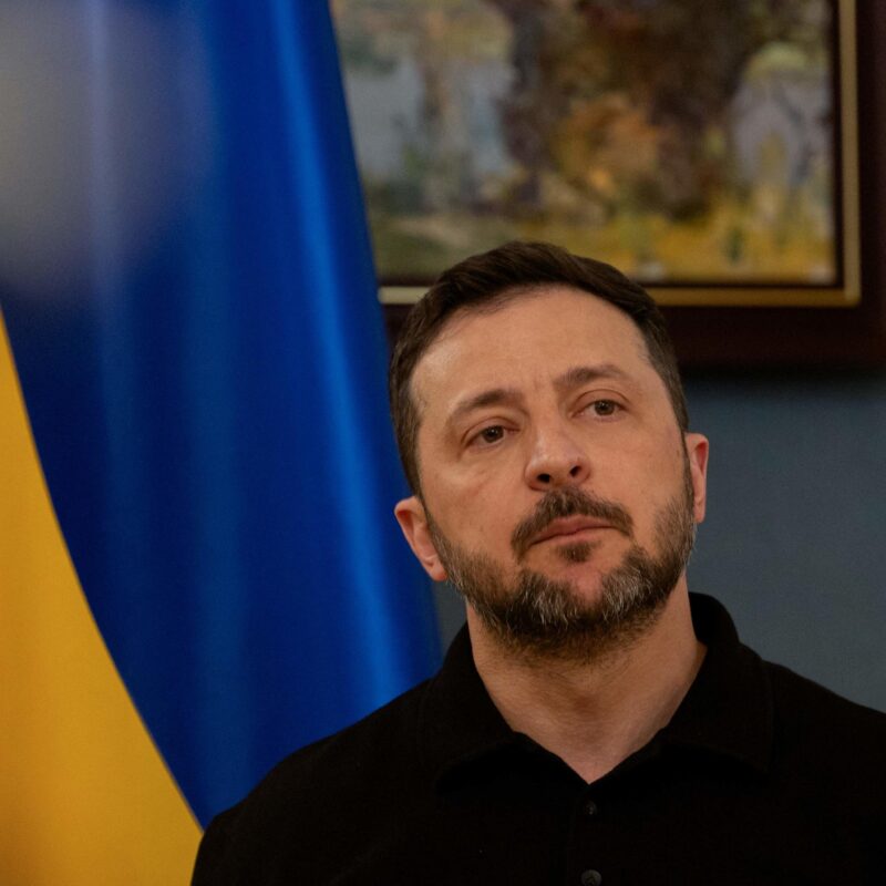 Ukraine's President Volodymyr Zelensky delivers a press conference in Kyiv on April 22, 2025, amid the Russian invasion of Ukraine. (Photo by Tetiana DZHAFAROVA / AFP)