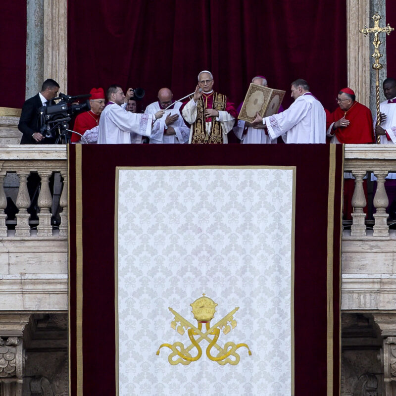Newly elected Pope Leo XIV, Cardinal Robert Francis Prevost from the USA, blesses faithfuls from the central loggia of Saint Peter's Basilica, Vatican City, 08 May 2025ANSA/ANGELO CARCONI