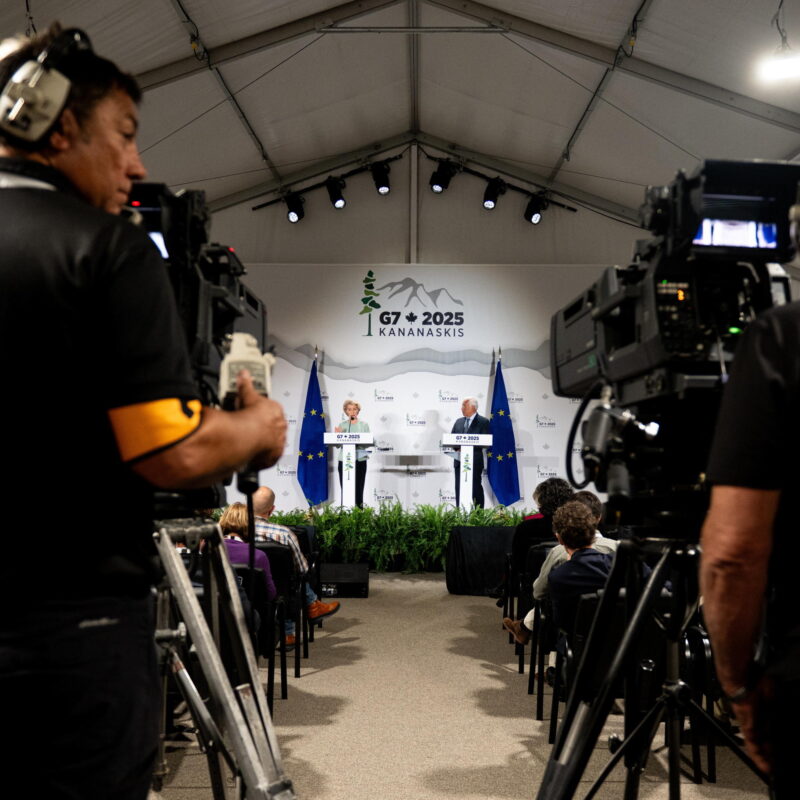 epa12178164 President of the European Commission Ursula von der Leyen (L) and President of the European Council António Costa (R) take part in a press conference during the G7 Leaders' Summit in Kananaskis, Alberta, Canada, 15 June 2025. World leaders are expected to gather in Kananaskis, Alberta from June 15 to 17 for the G7 Summit. EPA/SPENCER COLBY