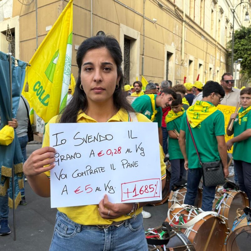 Un momento della manifestazione indetta a Palermo dalla Coldiretti. "Basta con i trafficanti di grano. Basta con le speculazioni". Questi gli slogan d'apertura del corteo di circa 8000 agricoltori Coldiretti arrivati da tutta l'Isola e dalla Calabria, che da Piazza Marina sta raggiungendo palazzo d'Orleans, a piazza Indipendenza, sede della presidenza della Regione Sicilia. Palermo. 26 settembre 2025. ANSA