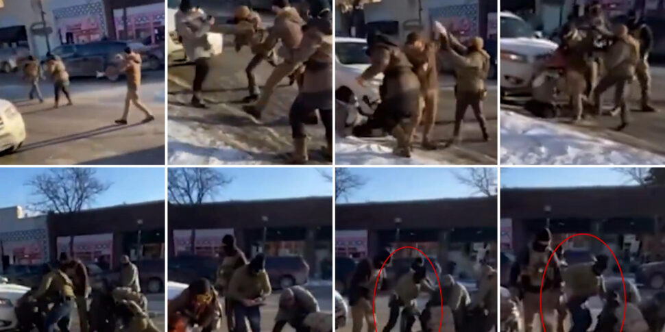 Un frame tratto da un video girato ieri, 24 gennaio a Minneapolis, virale sui social network e poi ripostato da Drop Site, mostra un momento dellazione degli agenti federali americani che ha portato alluccisione di Alex Jeffrey Pretti, 37 anni, un infermiere di terapia intensiva presso il dipartimento governativo per i veterani. Al centro dell'inquadratura, nel cerchio rosso, si distingue l'agente federale che esplode il primo colpo di arma da fuoco. Roma, 25 gennaio 2026. X / DROPSITE+++ ANSA PROVIDES ACCESS TO THIS HANDOUT PHOTO TO BE USED SOLELY TO ILLUSTRATE NEWS REPORTING OR COMMENTARY ON THE FACTS OR EVENTS DEPICTED IN THIS IMAGE - NO ARCHIVING - NO LICENSING - NPK +++